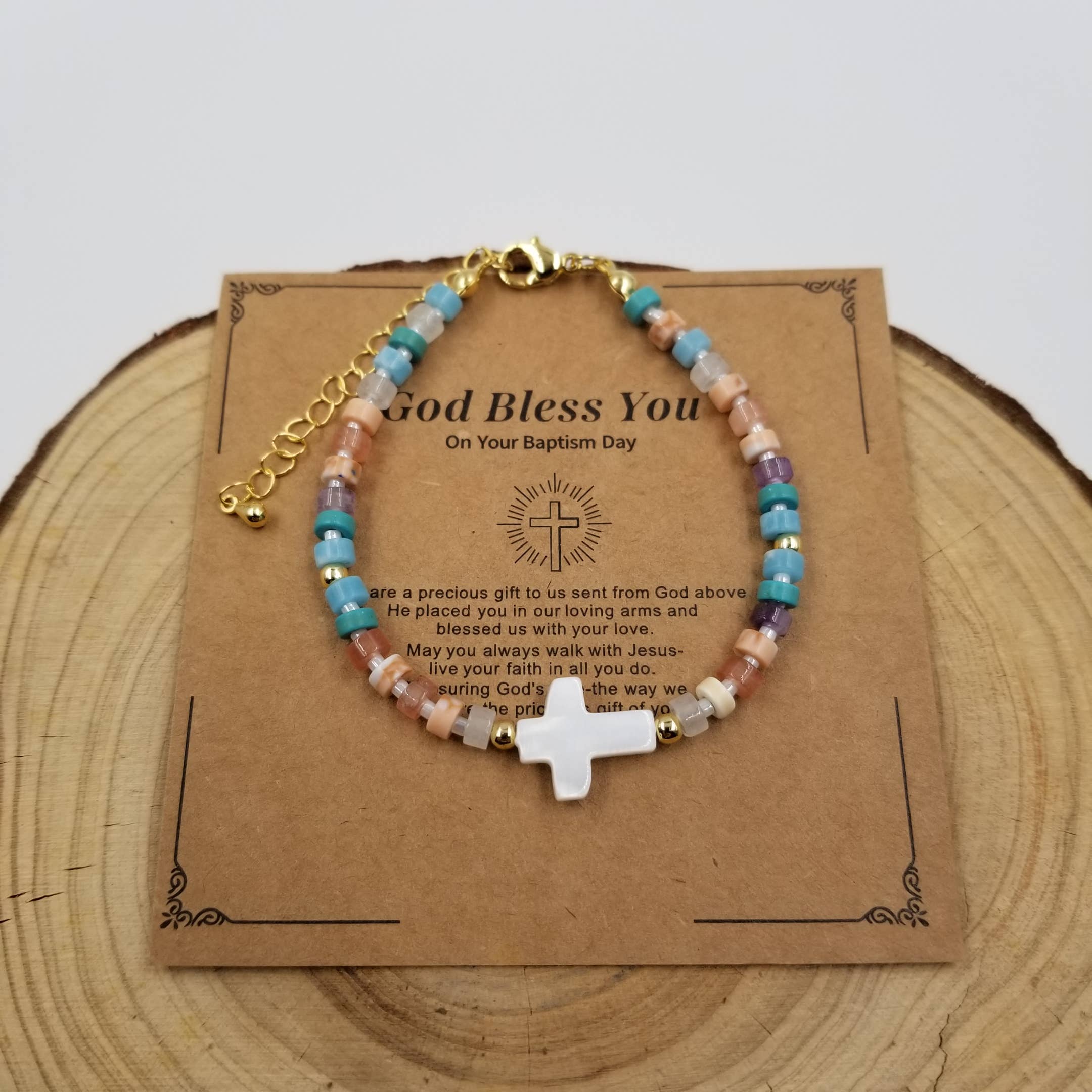 Natural Stone Cross Jesus Bracelet With Blessing Card