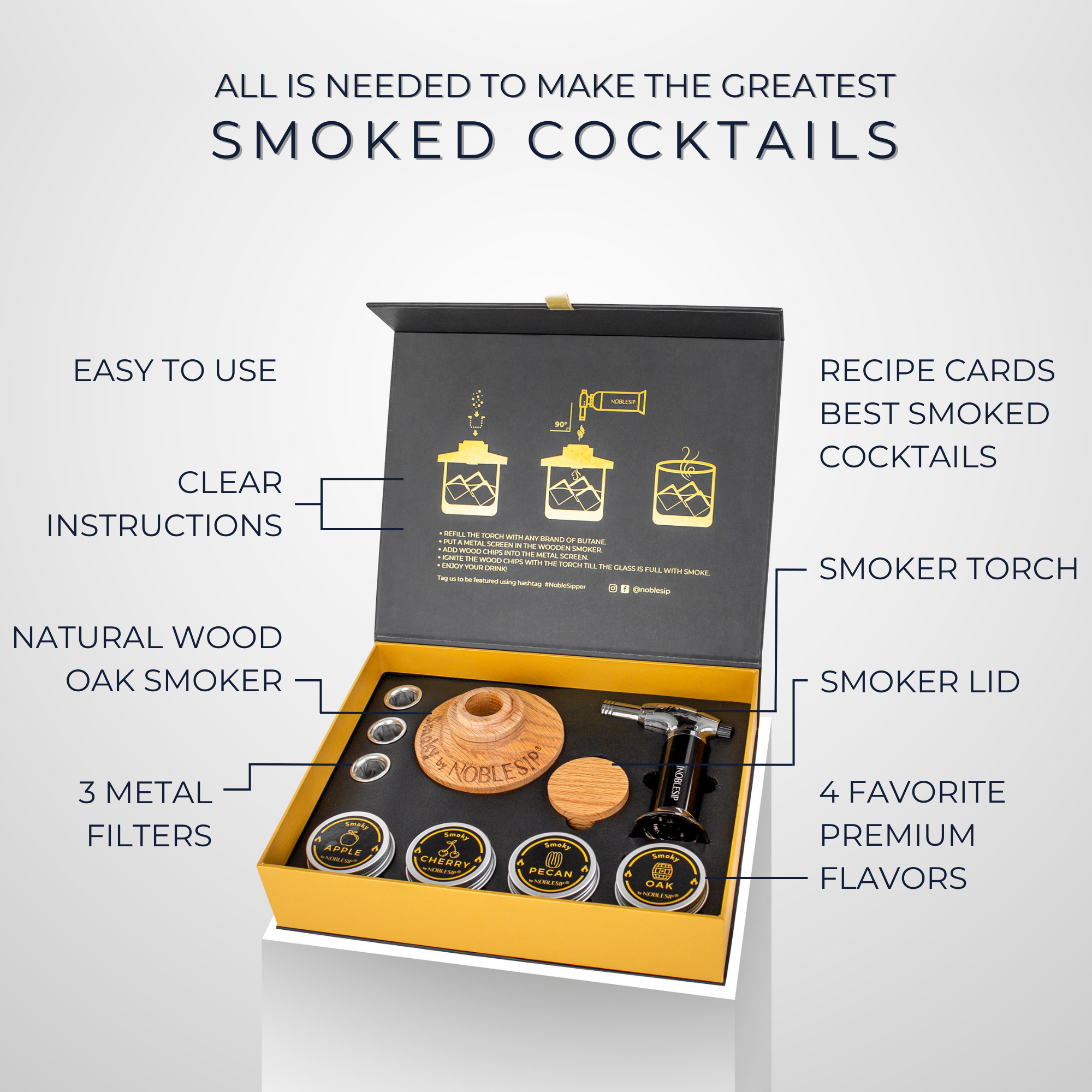 Cocktail Smoker Kit with Torch & Premium Wood Chips — Gift Set for Old Fashioned & Whiskey Bars