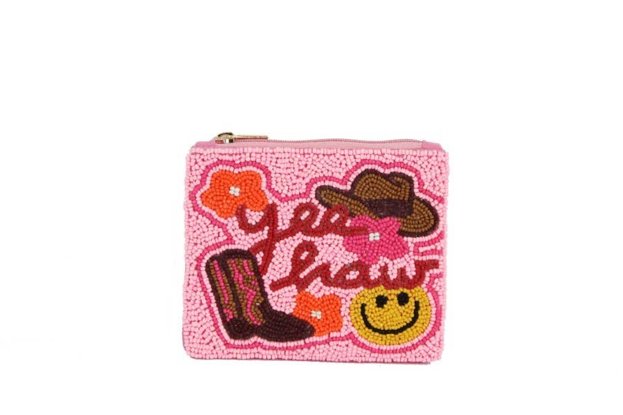 Ladies Fully Beaded Pink Western Theme Coin Purse