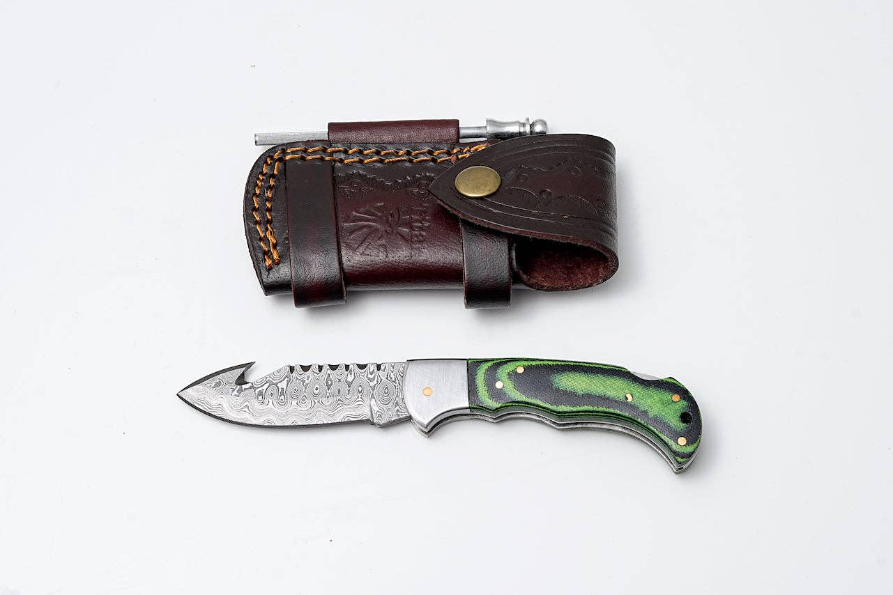 Green Micarta Damascus Gut Hook Hunting Knife