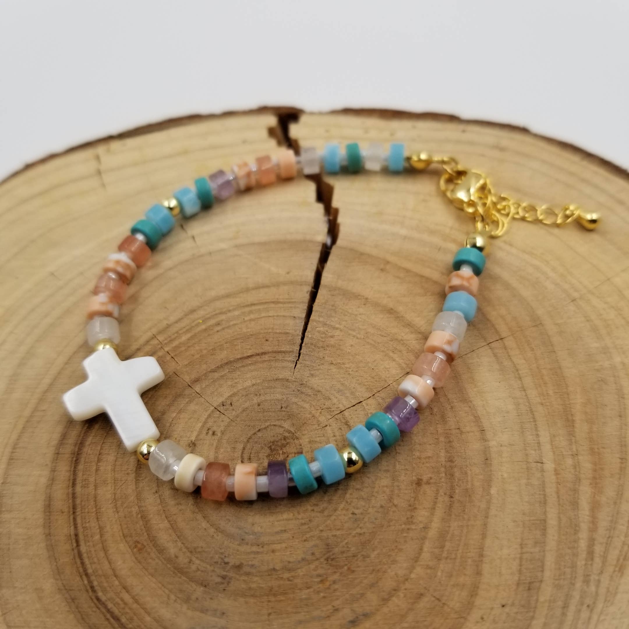 Natural Stone Cross Jesus Bracelet With Blessing Card
