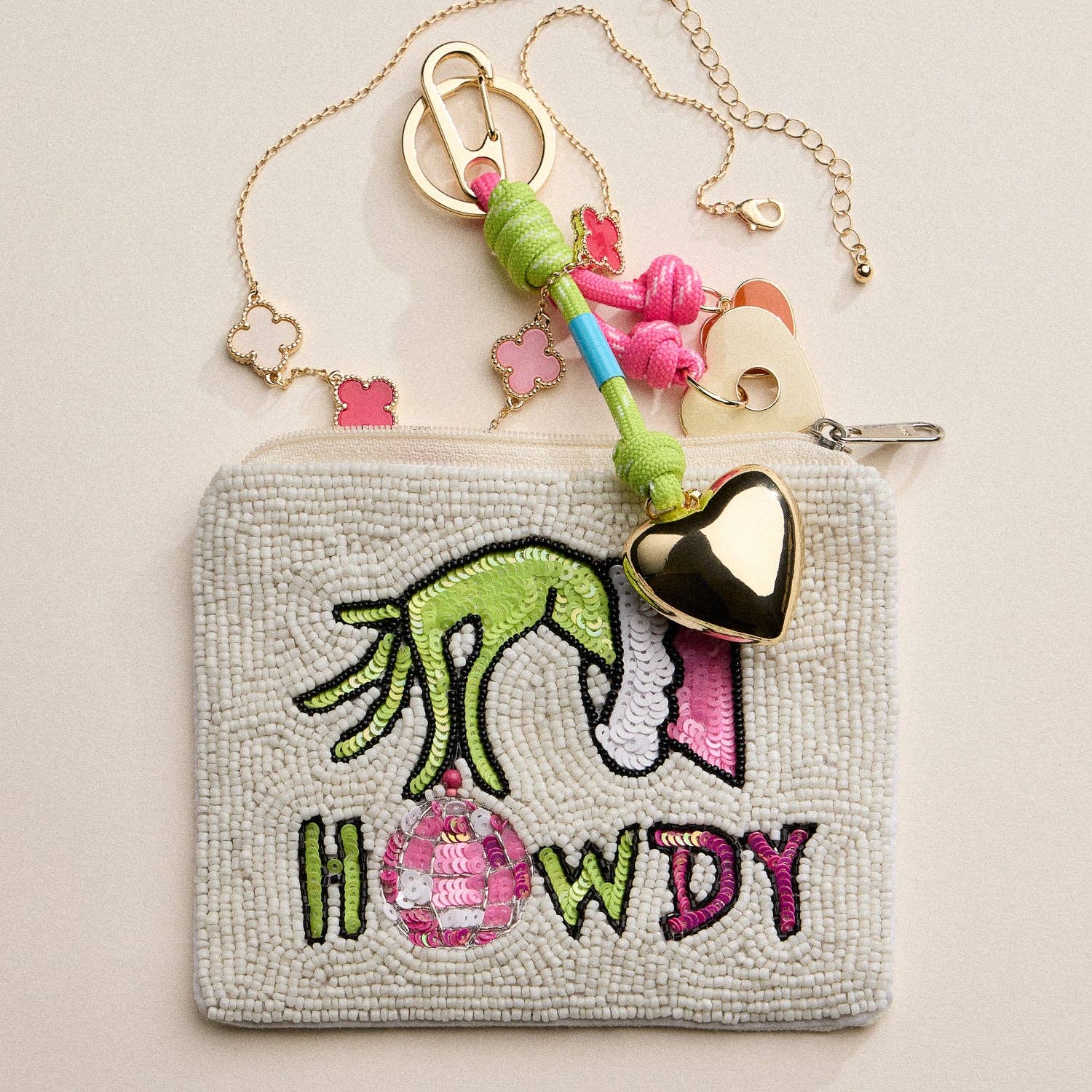 Seed Beaded Howdy Coin Pouch | Green Monster Holiday Zip Pouch