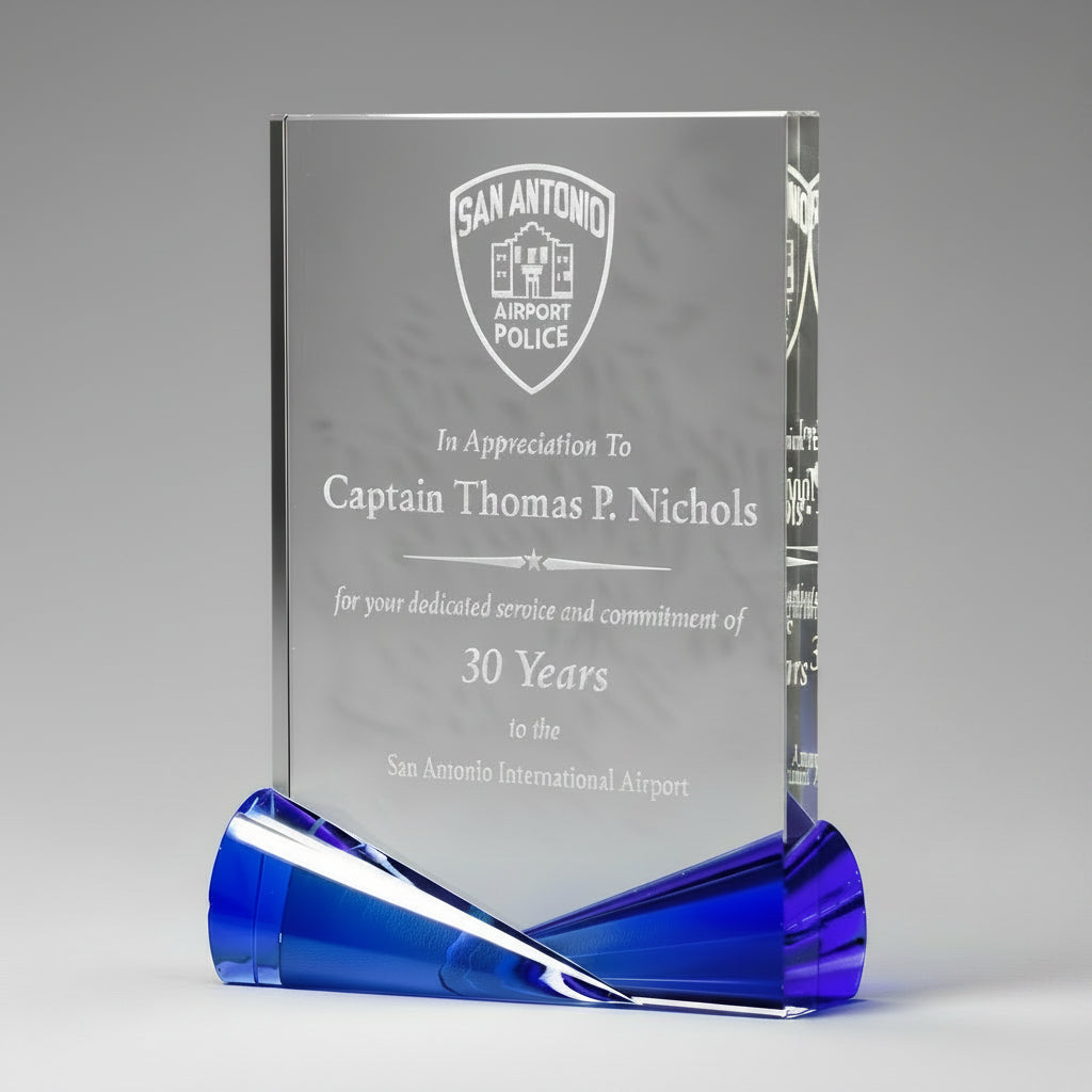 Clear Crystal With Bow-Tie Blue & Red Accents-Awards & Engraving