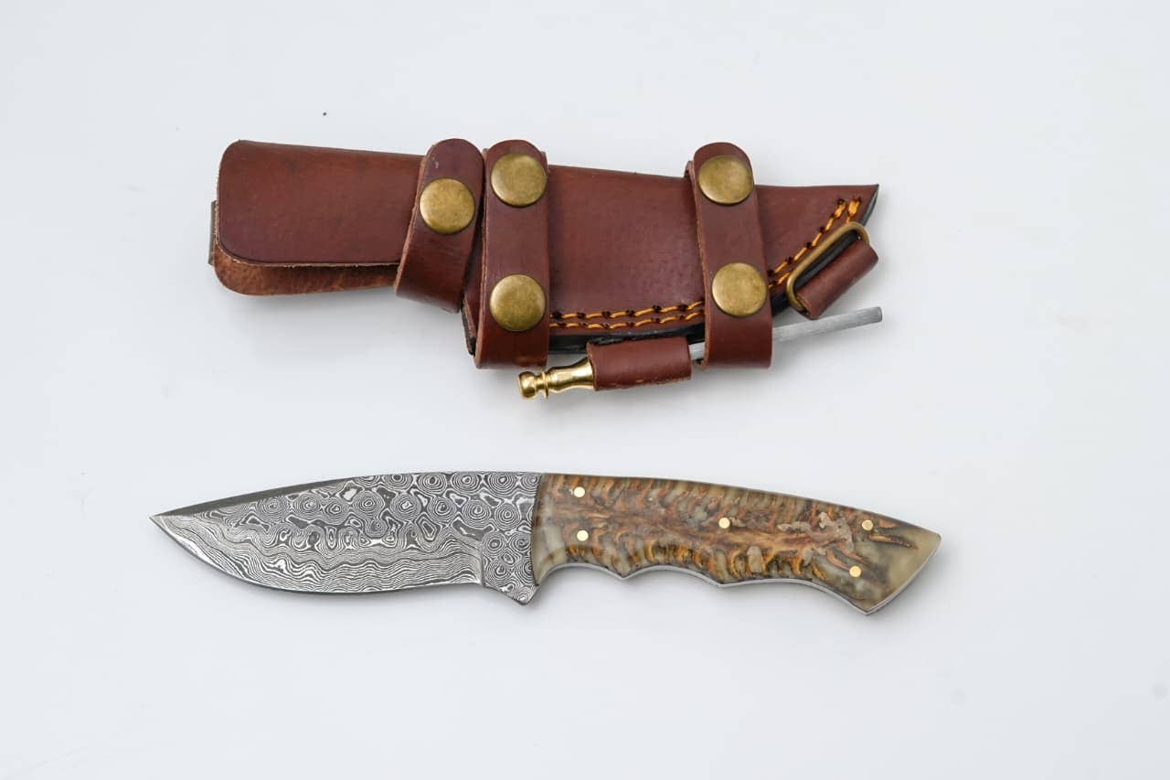 Handmade Damascus Hunting Knife with Resin & Bone Handle