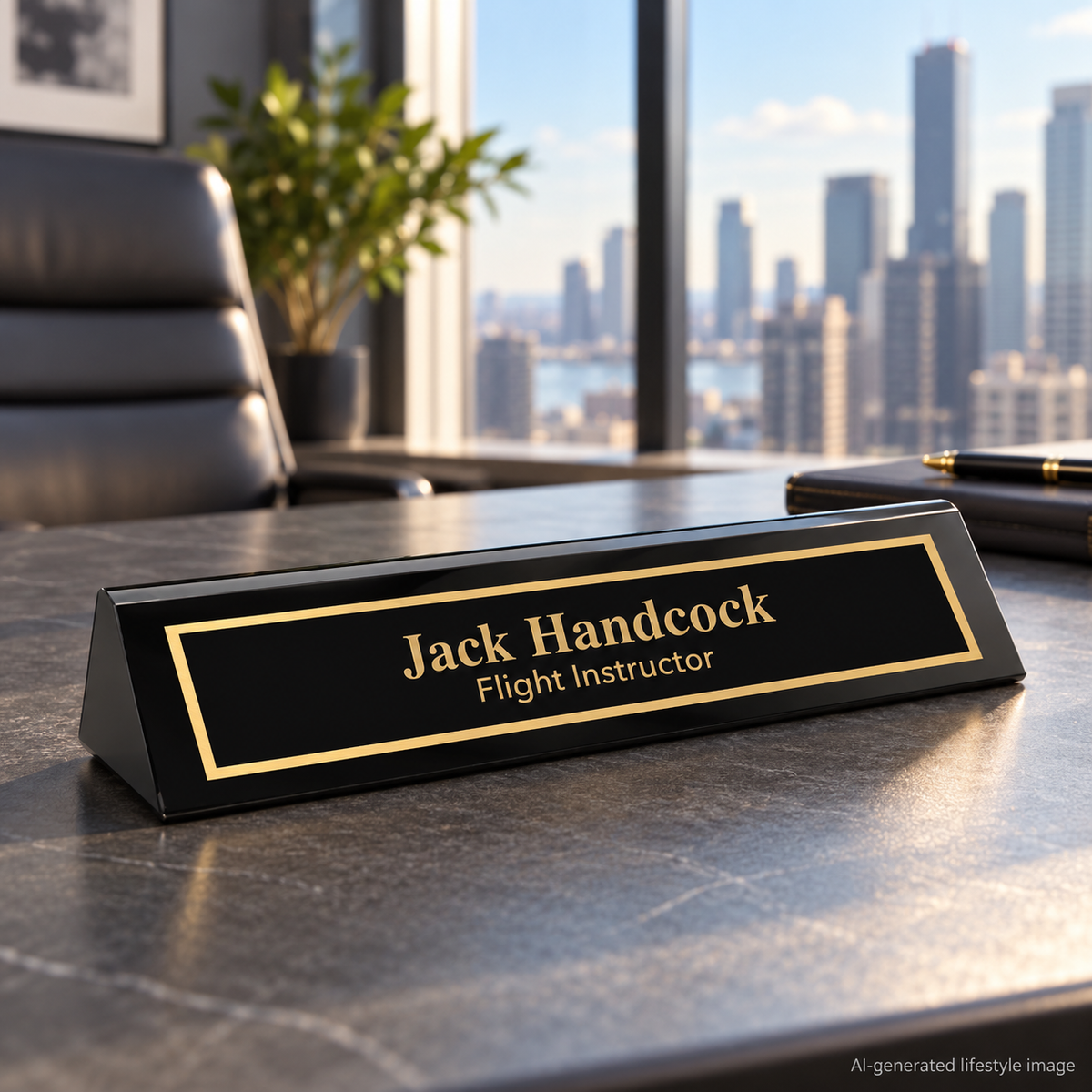 AI-generated office lifestyle image of Black Piano Finish Desk Name Wedge