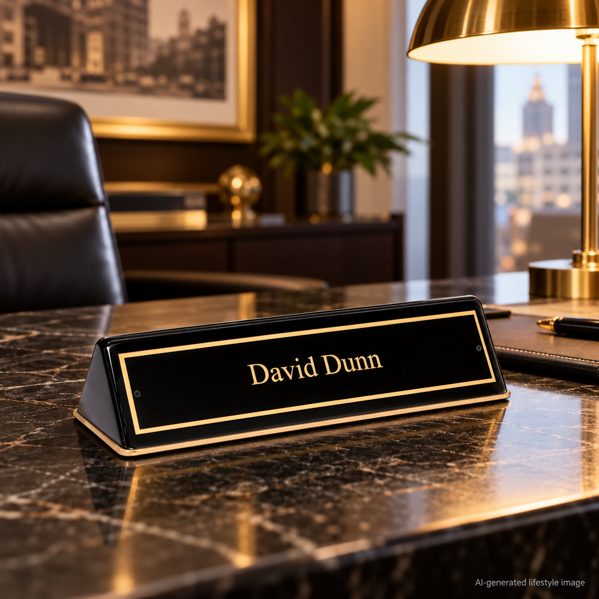 AI-generated office lifestyle image of Black Piano Finish Desk Wedge with Black Plate