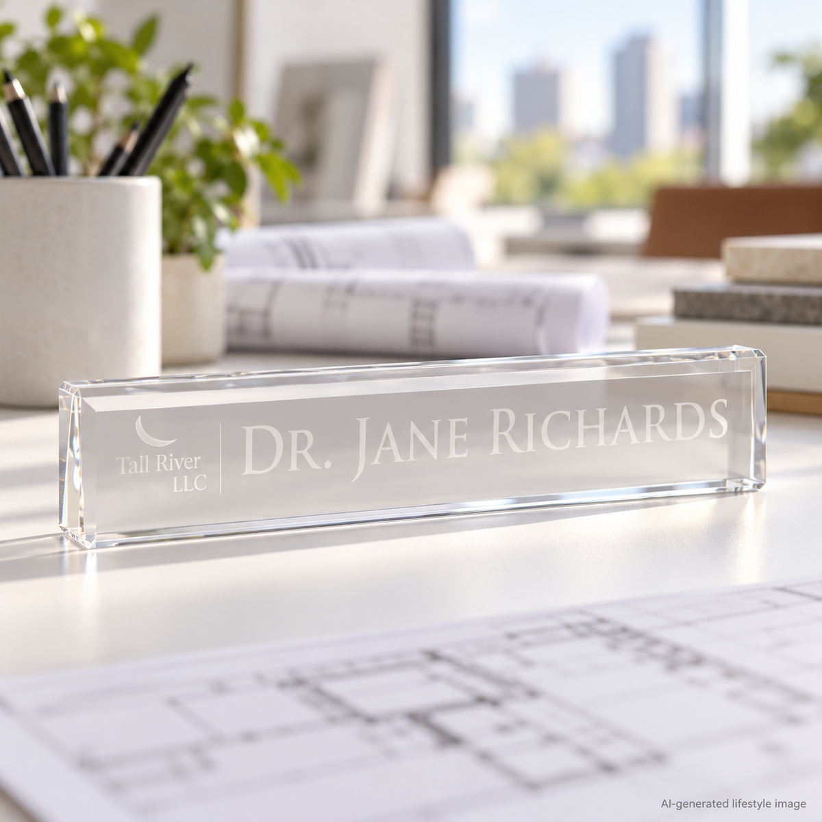 AI-generated office lifestyle image of Clear Acrylic Desk Wedge