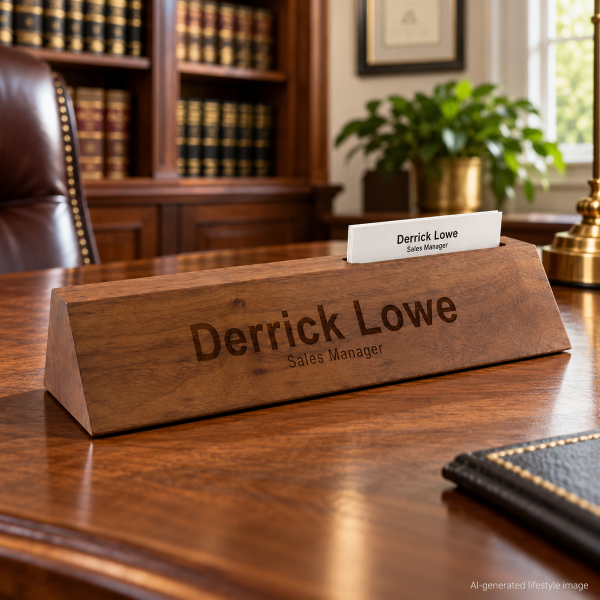 AI-generated office lifestyle image of Walnut Desk Wedge with Business Card Holder