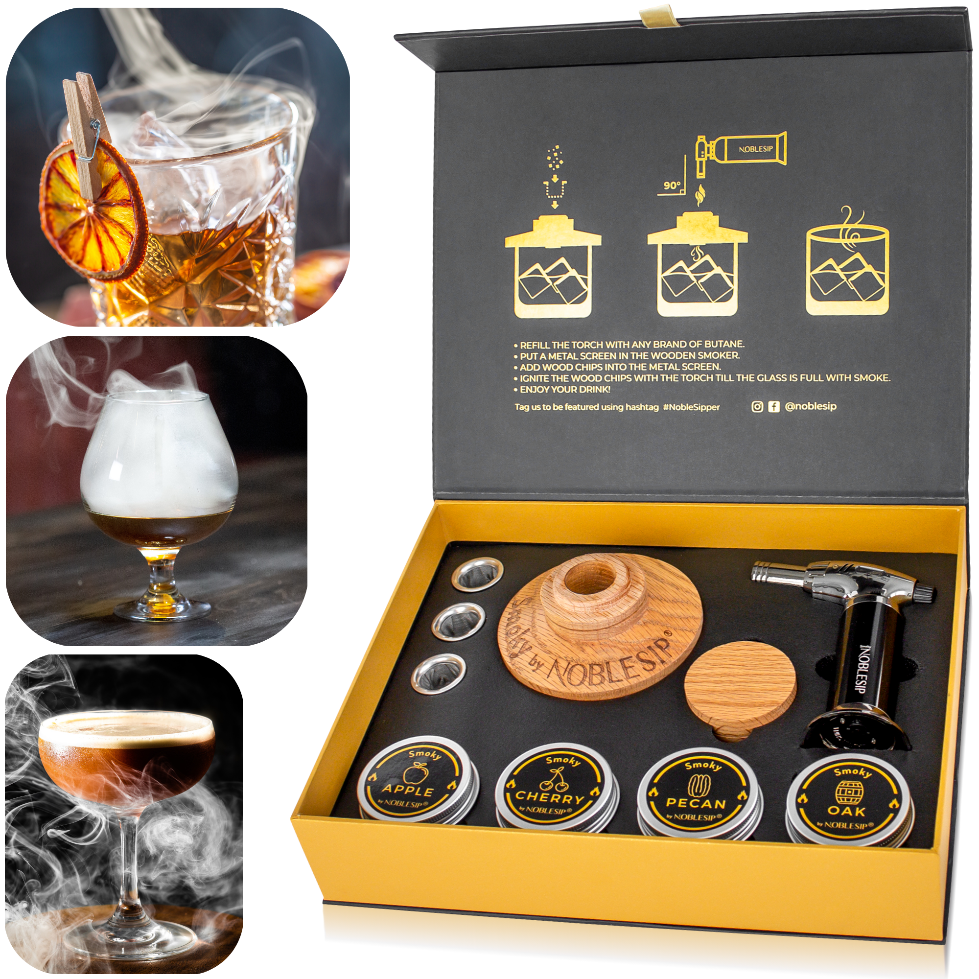Cocktail Smoker Kit with Torch & Premium Wood Chips — Gift Set for Old Fashioned & Whiskey Bars