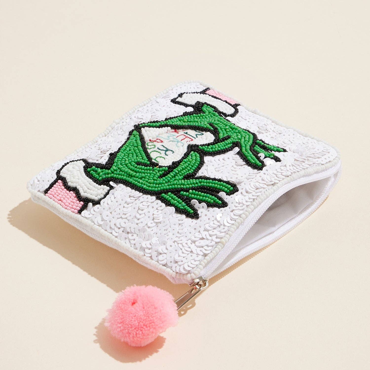 Seed Beaded Green Monster Heart Coin Pouch | Merry Christmas Zip Pouch