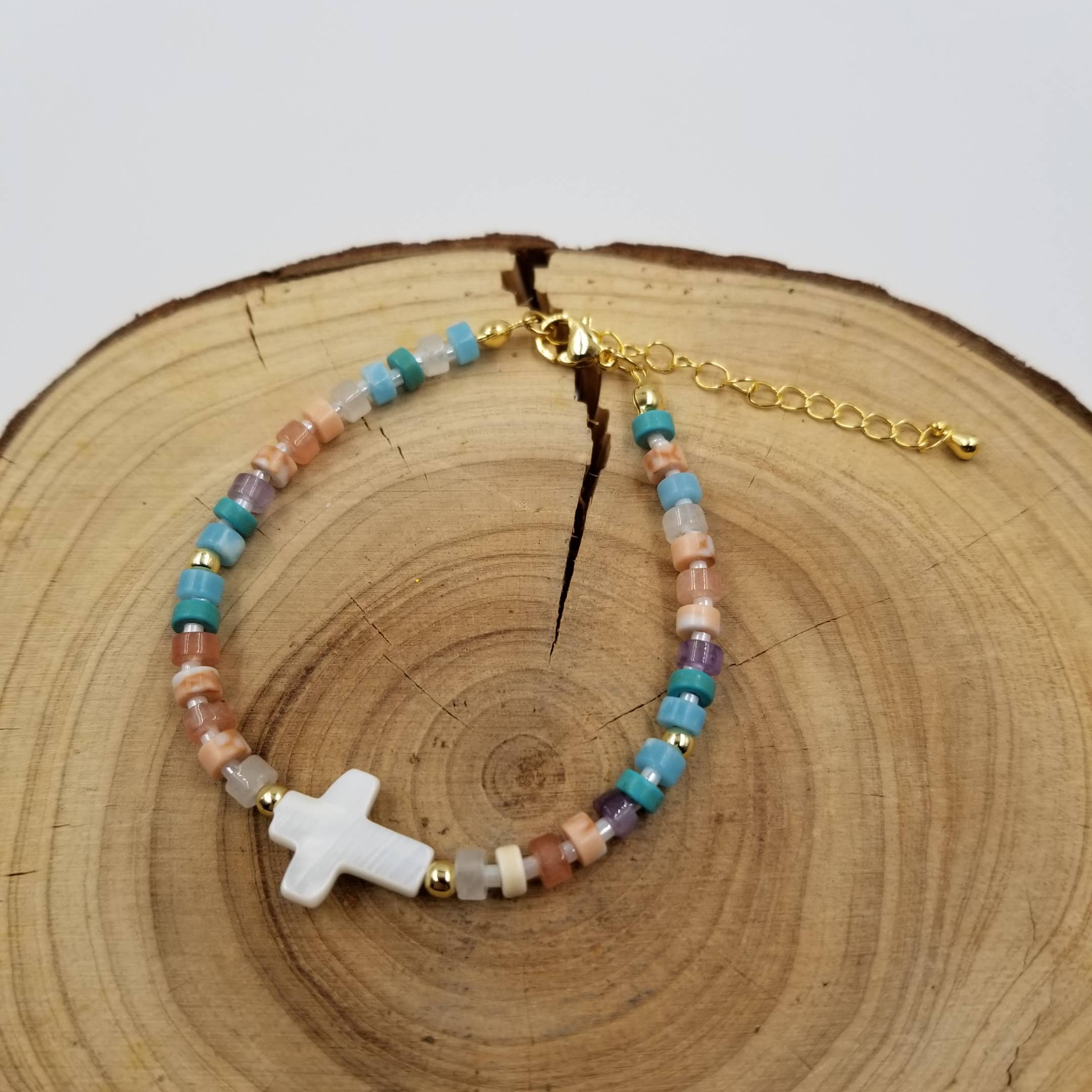 Natural Stone Cross Jesus Bracelet With Blessing Card