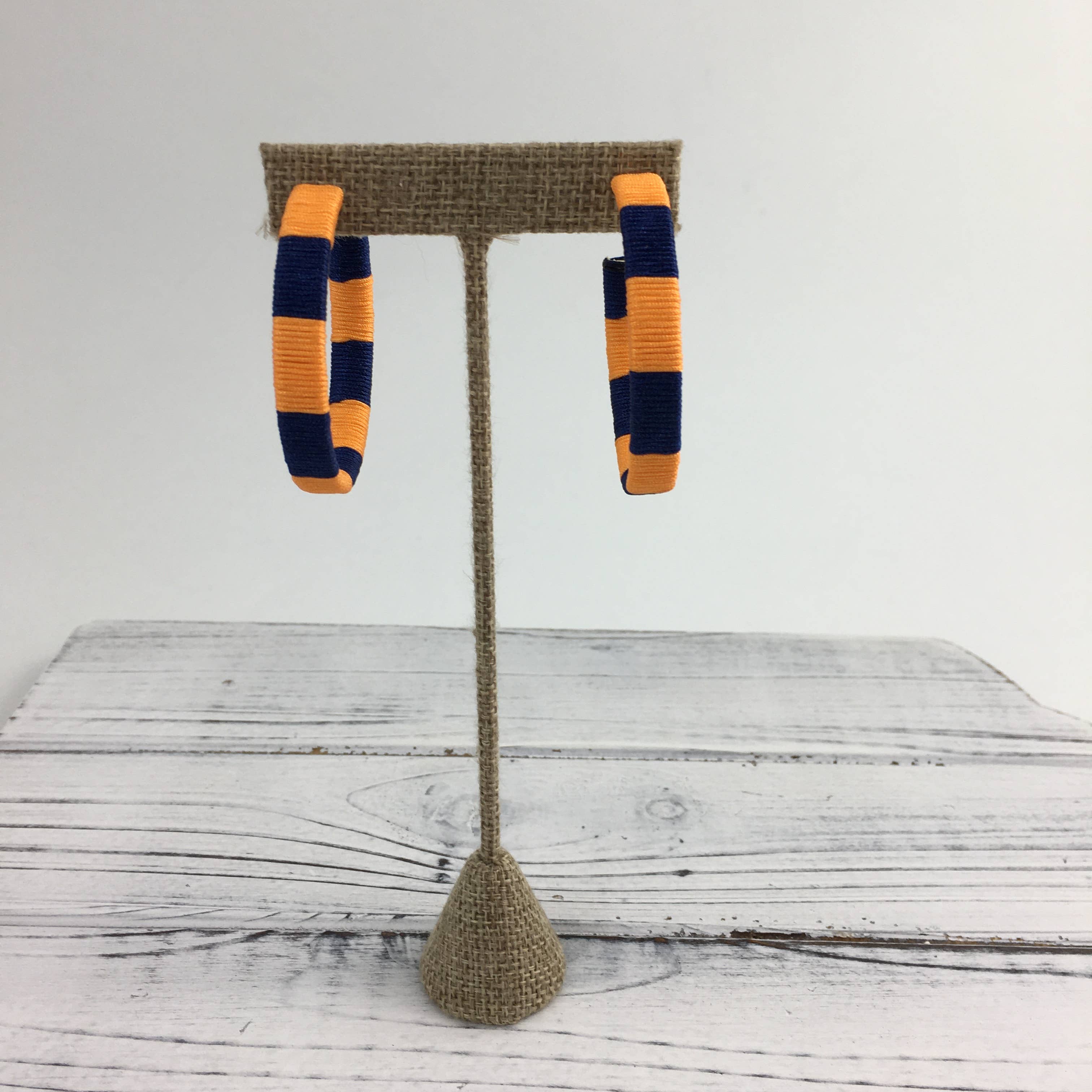 Orange and navy threaded hoop earrings
