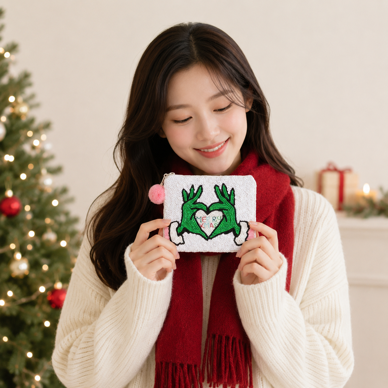 Seed Beaded Green Monster Heart Coin Pouch | Merry Christmas Zip Pouch