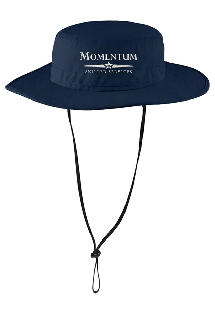Navy wide-brim hat with smaller white embroidered Momentum logo