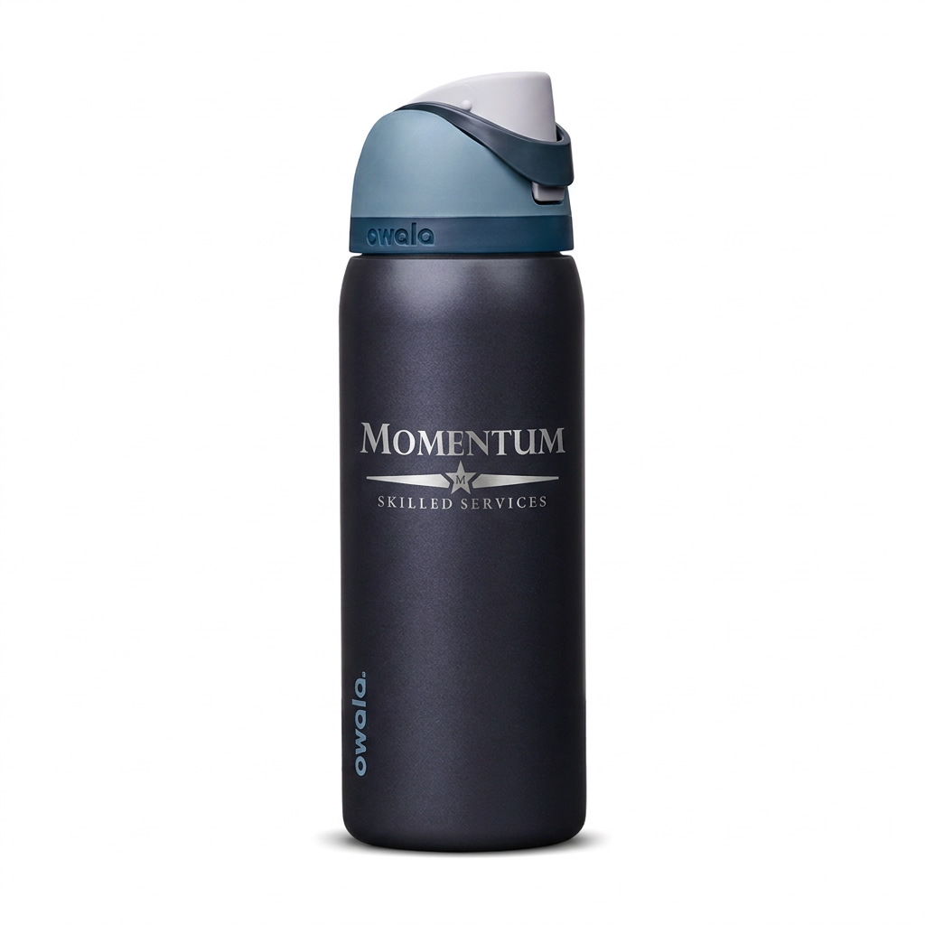 Owala Blue Steel bottle with silver Momentum logo on a white background