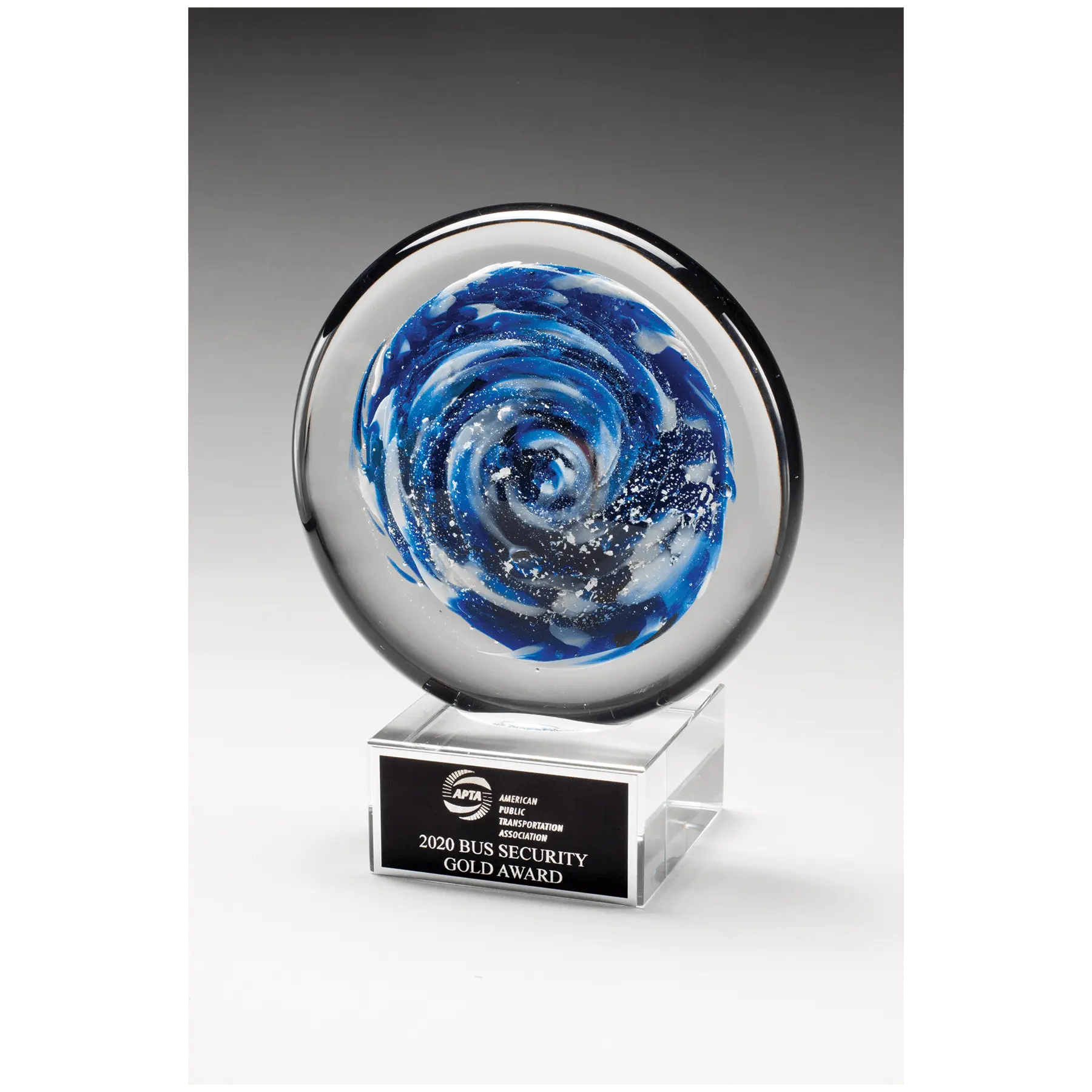 Blue and White Disc Art Glass with Black Laserable Aluminum Plate