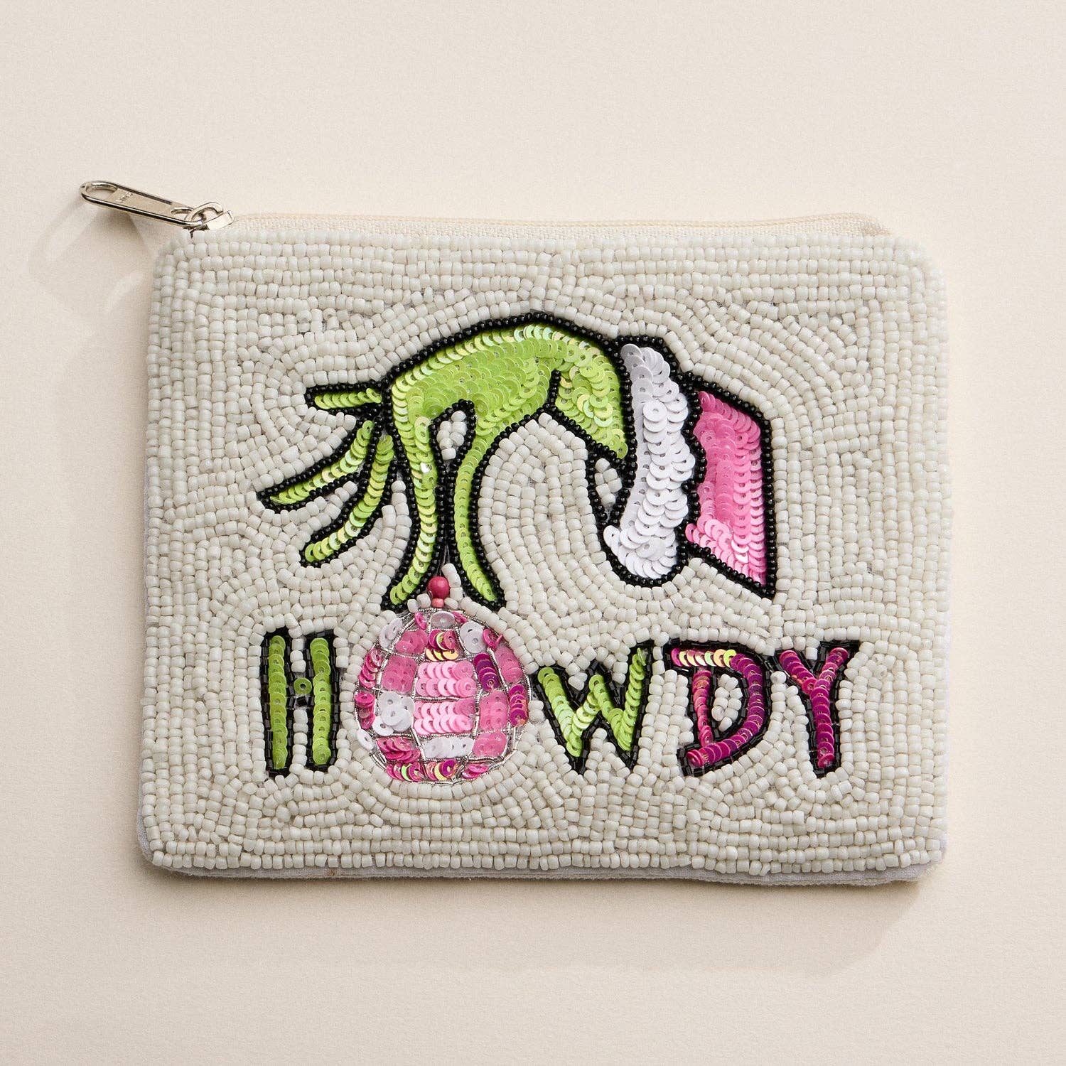 Seed Beaded Howdy Coin Pouch | Green Monster Holiday Zip Pouch