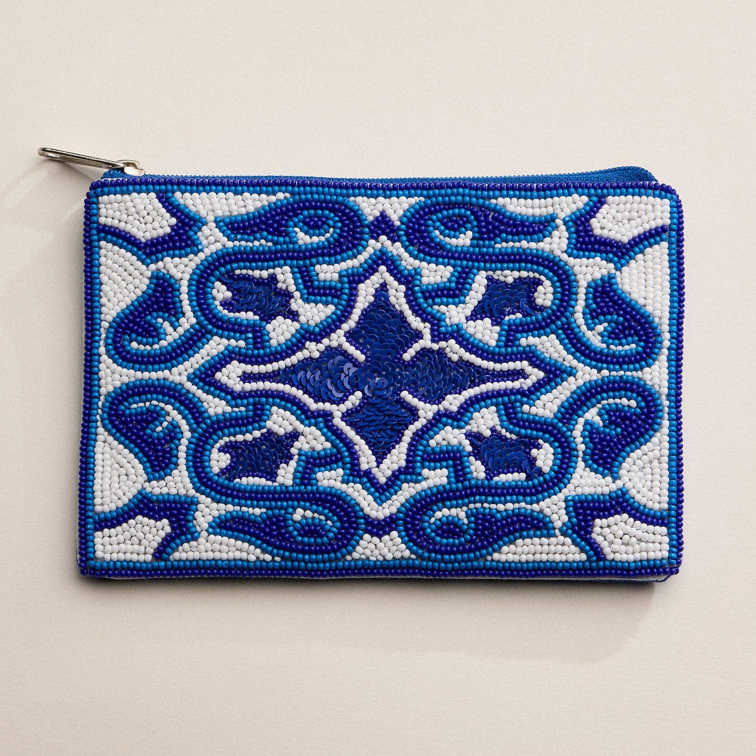 Hand-Beaded Blue Mosaic | Pattern Zipper Pouch