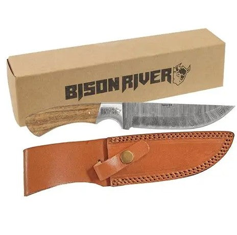 9 1/2" Fixed Blade Wood Knife with Damascus Steel Blade and Leather Sheath