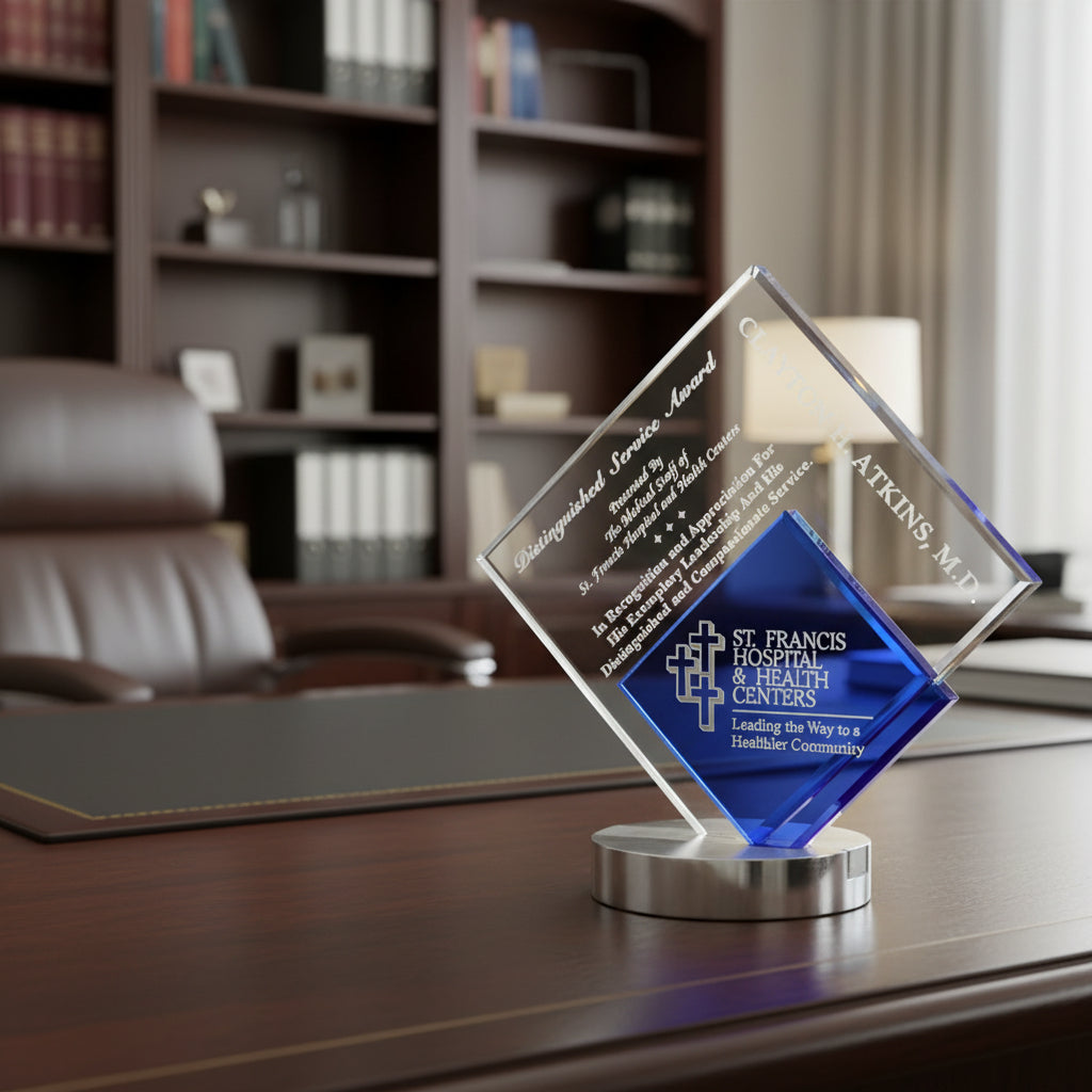Crystal With Blue Inset Diamond Shape-Awards &amp; Engraving