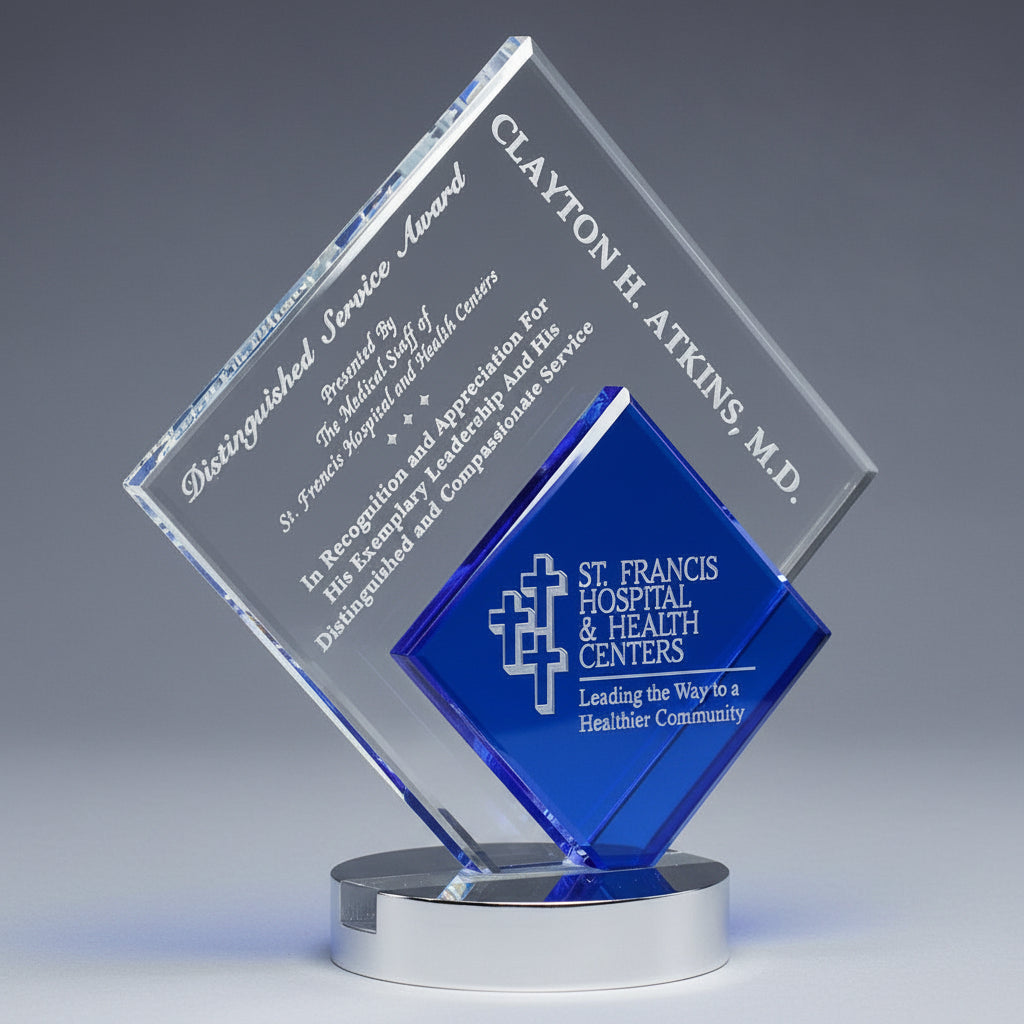 Crystal With Blue Inset Diamond Shape-Awards &amp; Engraving