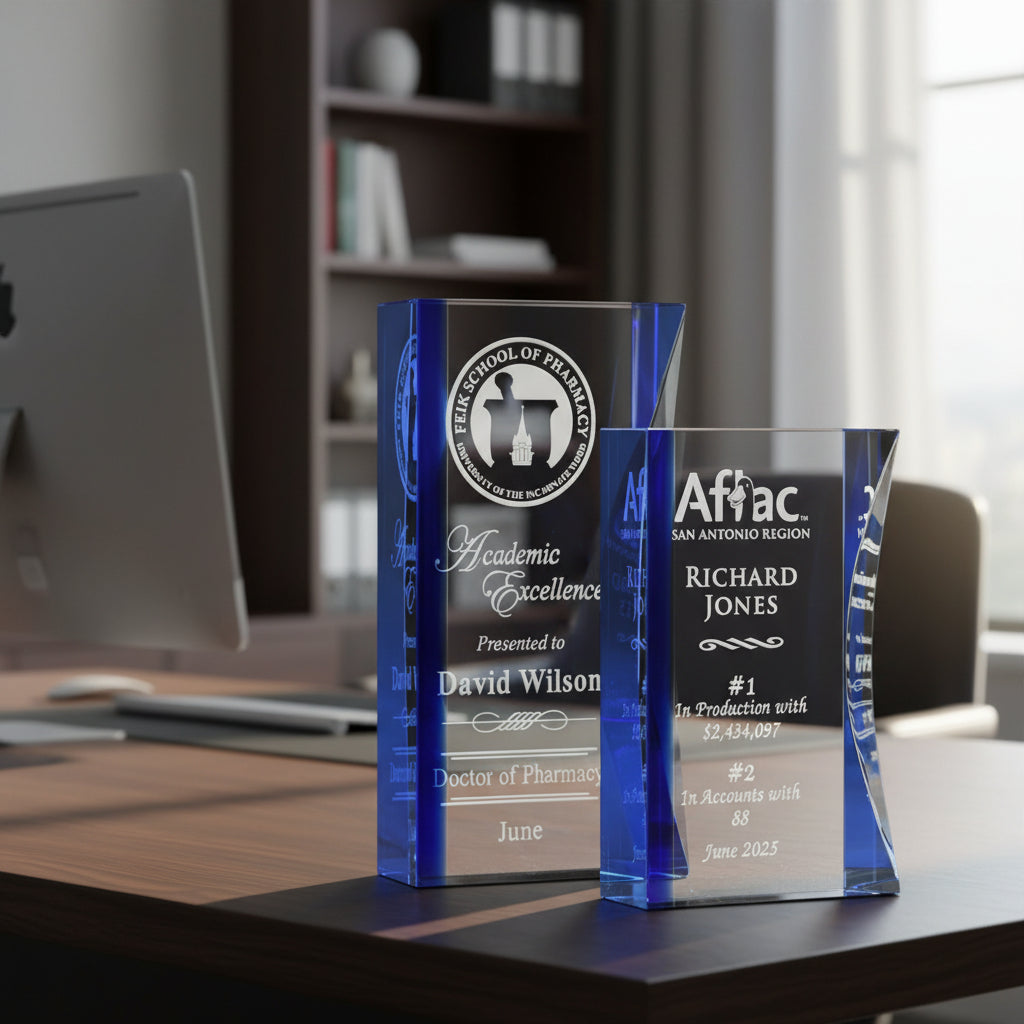 Optic Crystal With Blue Fused Accent-Awards &amp; Engraving