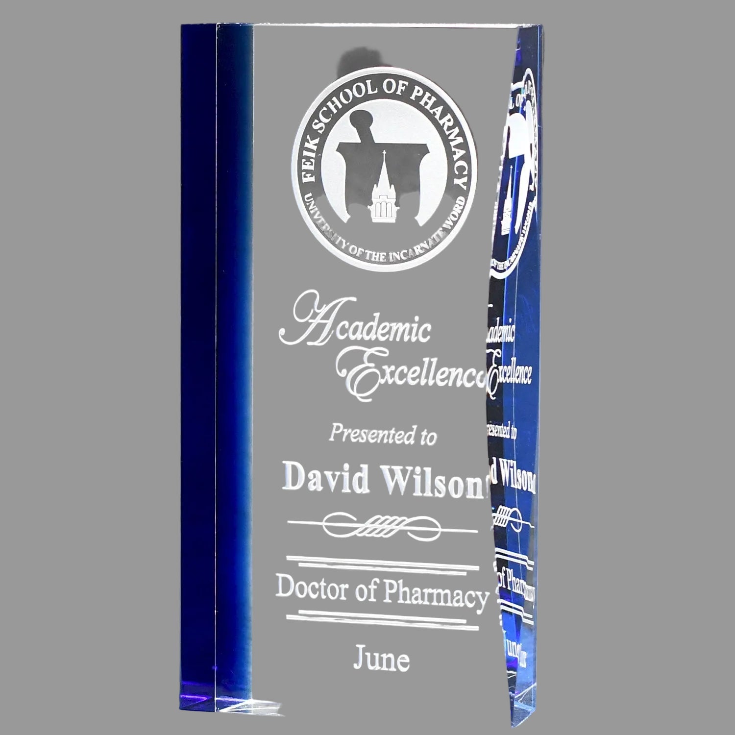 Optic Crystal With Blue Fused Accent-Awards &amp; Engraving