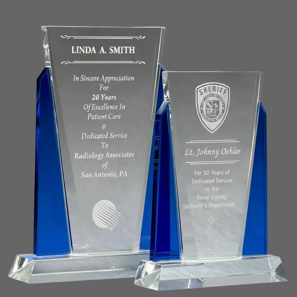 Crystal With Blue Side Panels-Awards &amp; Engraving