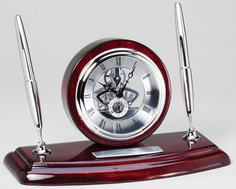 Rosewood Silver Skeleton Clock with pens