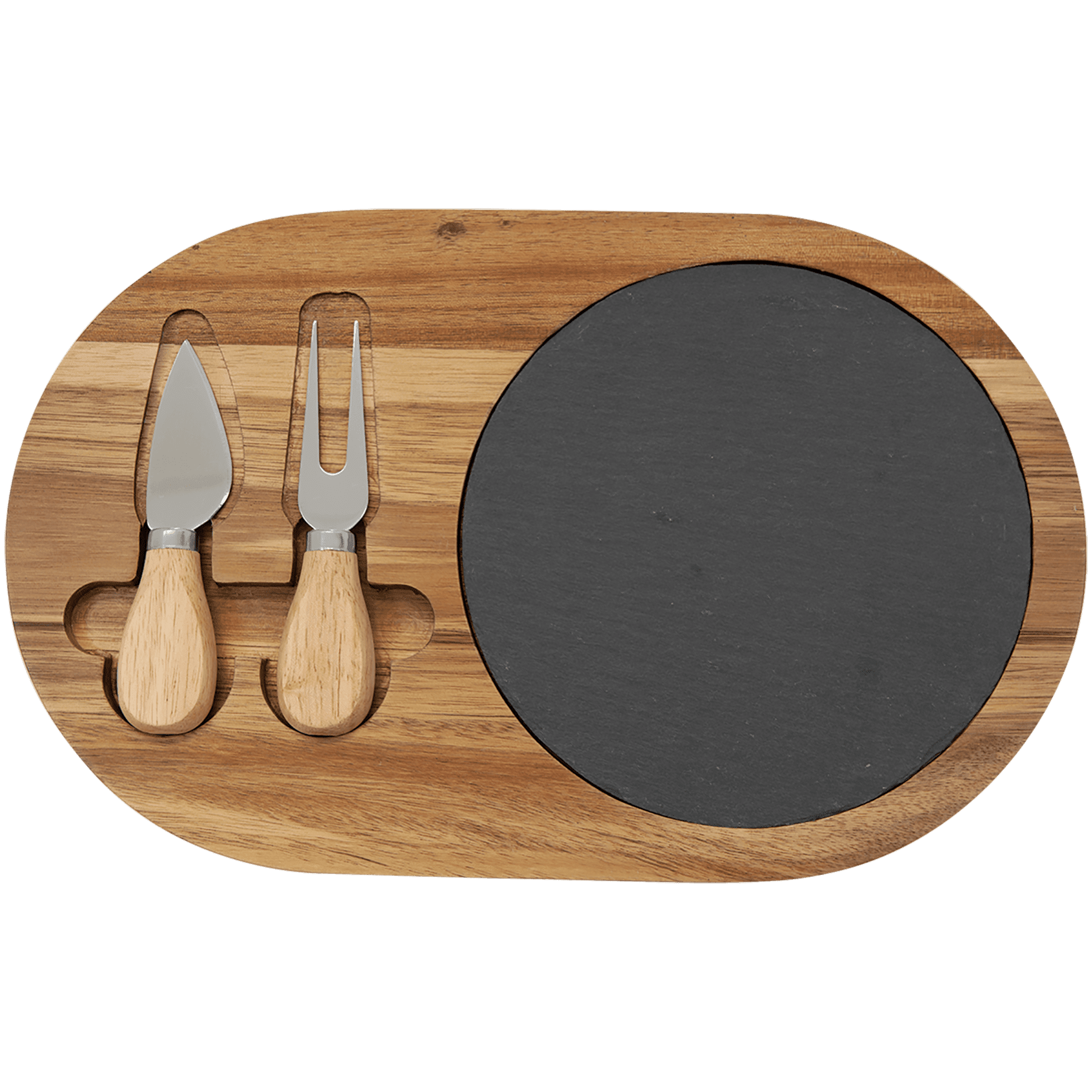 Acacia Wood/Slate Oval Cheese Set with Two Cheese Tools