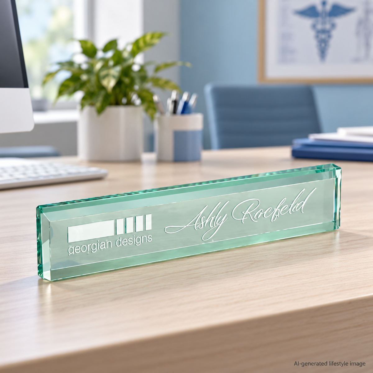 AI-generated office lifestyle image of Jade Glass Desk Wedge
