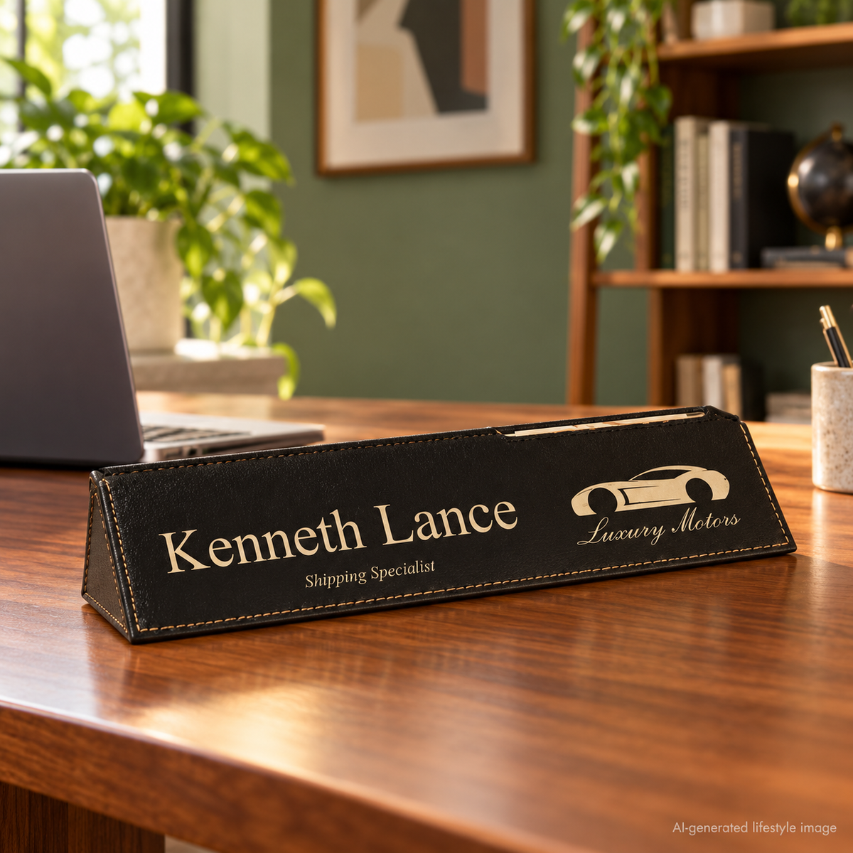 AI-generated office lifestyle image of leatherette desk wedge with business card holder
