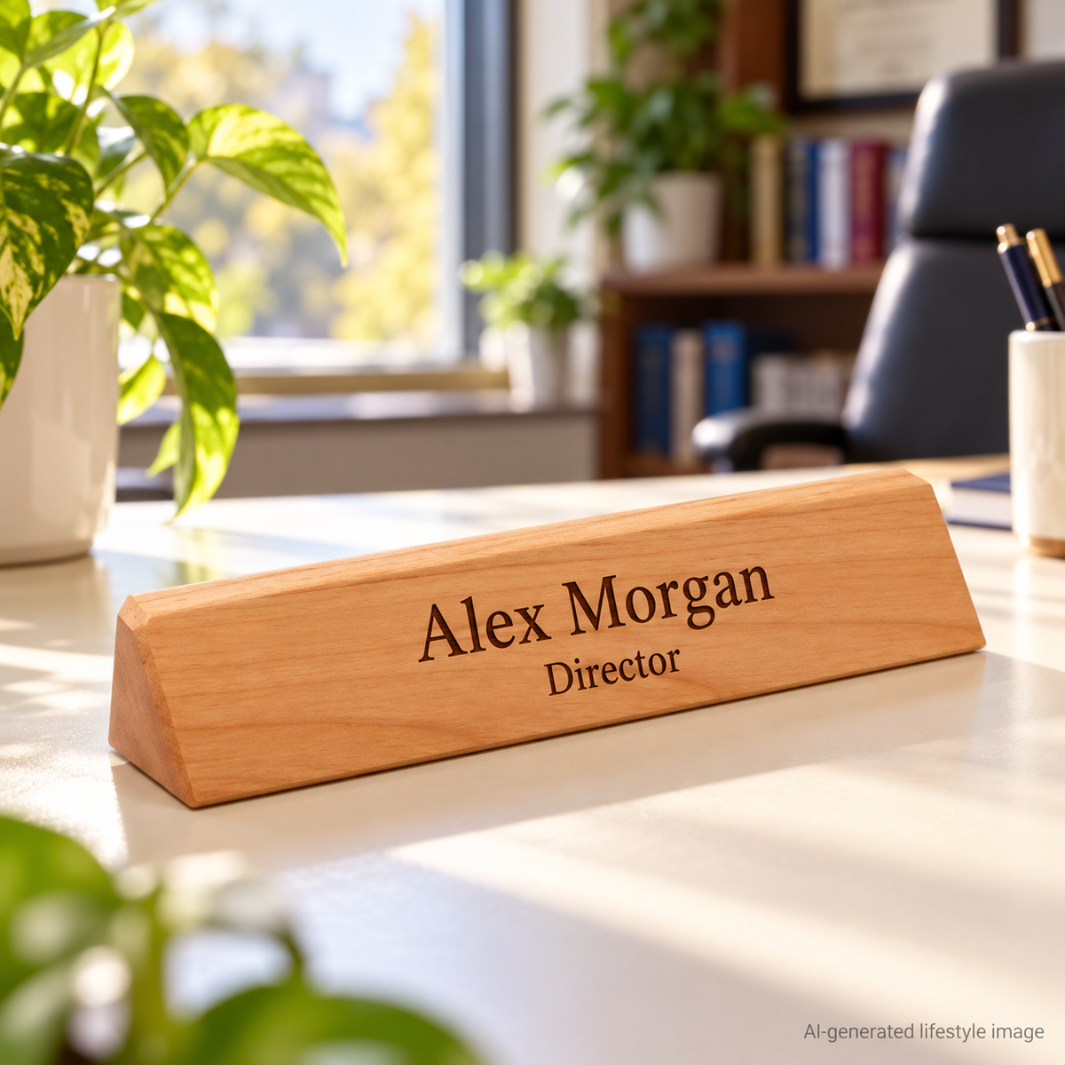 AI-generated office lifestyle image of genuine red alder desk wedge
