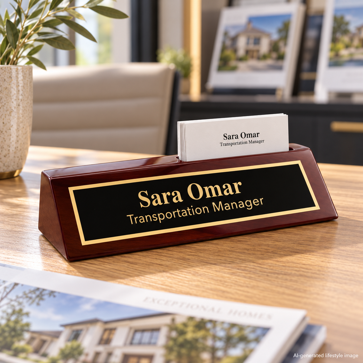 AI-generated office lifestyle image of Rosewood Piano Finish Desk Wedge with Business Card Holder