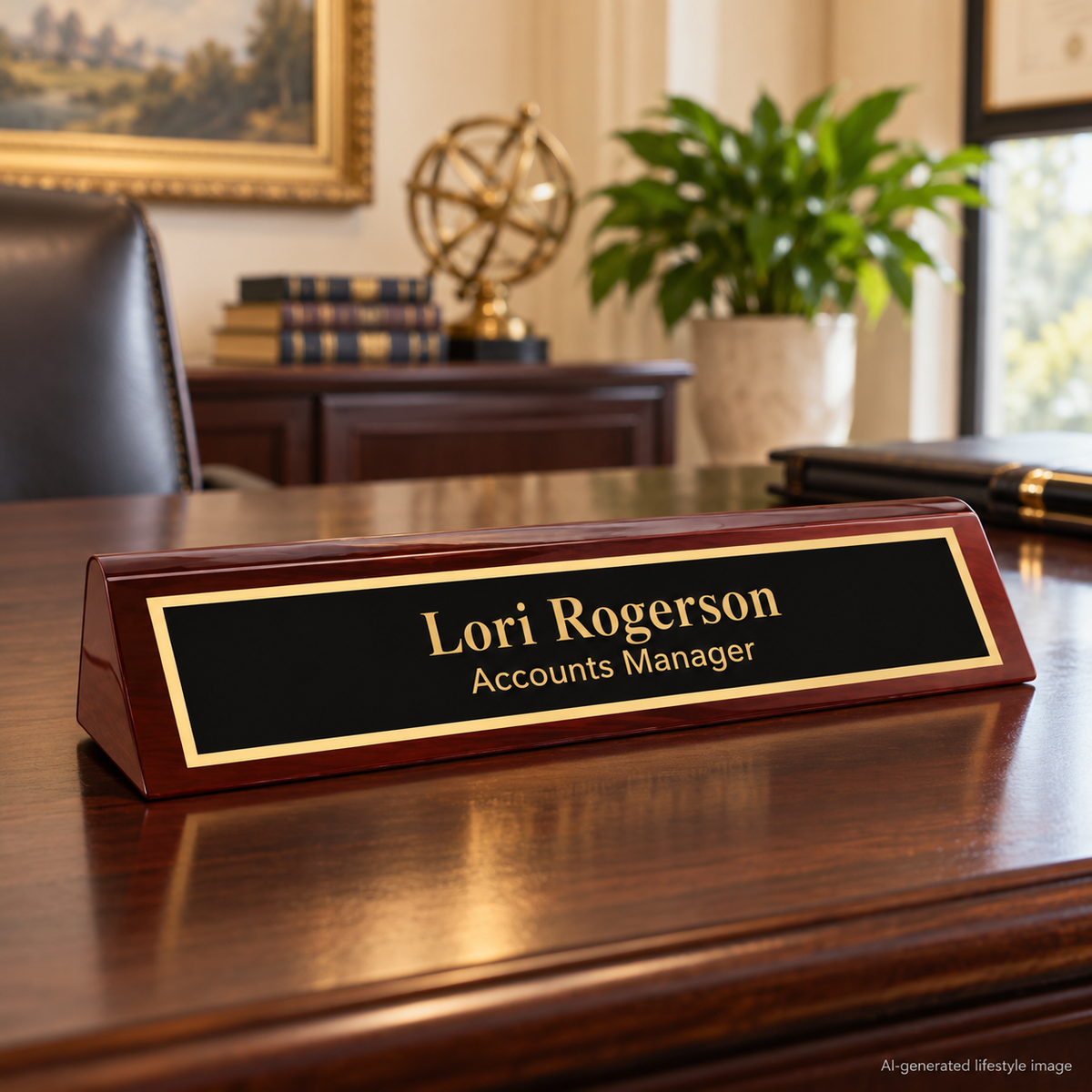 AI-generated office lifestyle image of Rosewood Piano Finish Desk Name Wedge