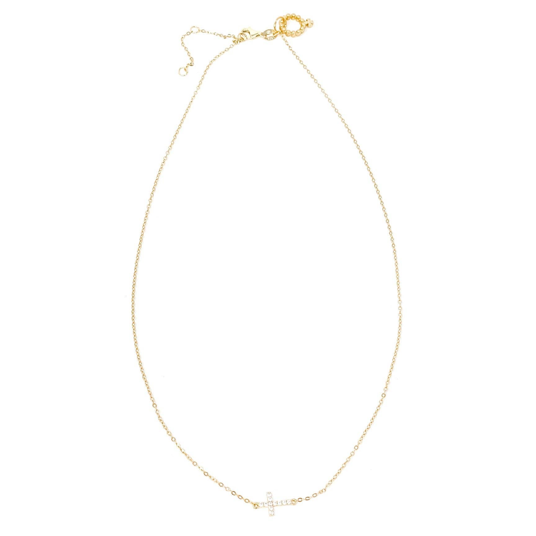 Petite Gold Plated Necklace with Sideways Rhinestone Cross