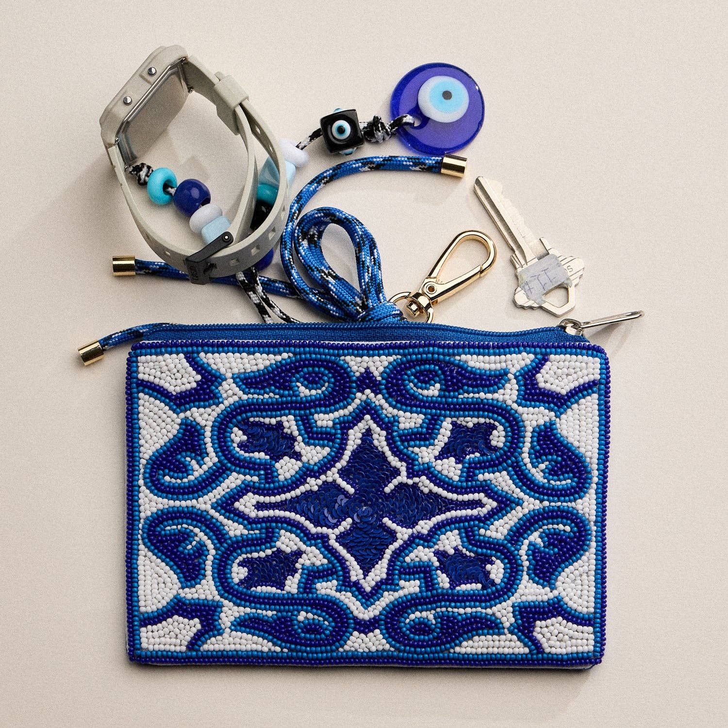Hand-Beaded Blue Mosaic | Pattern Zipper Pouch