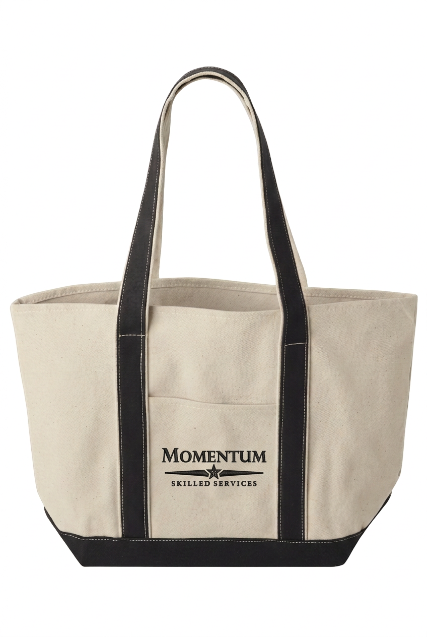 Black-strap tote with smaller Momentum embroidery