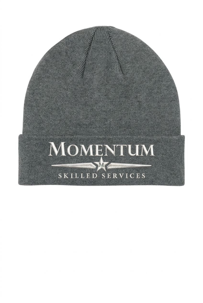 Corrected Light Anchor Heather Grey beanie with smaller white embroidered Momentum logo