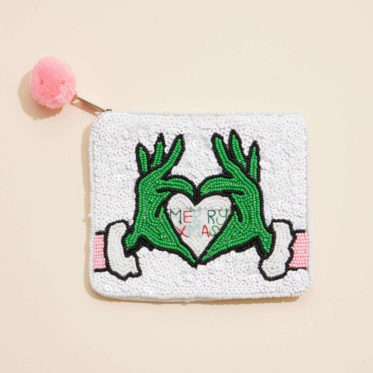 Seed Beaded Green Monster Heart Coin Pouch | Merry Christmas Zip Pouch