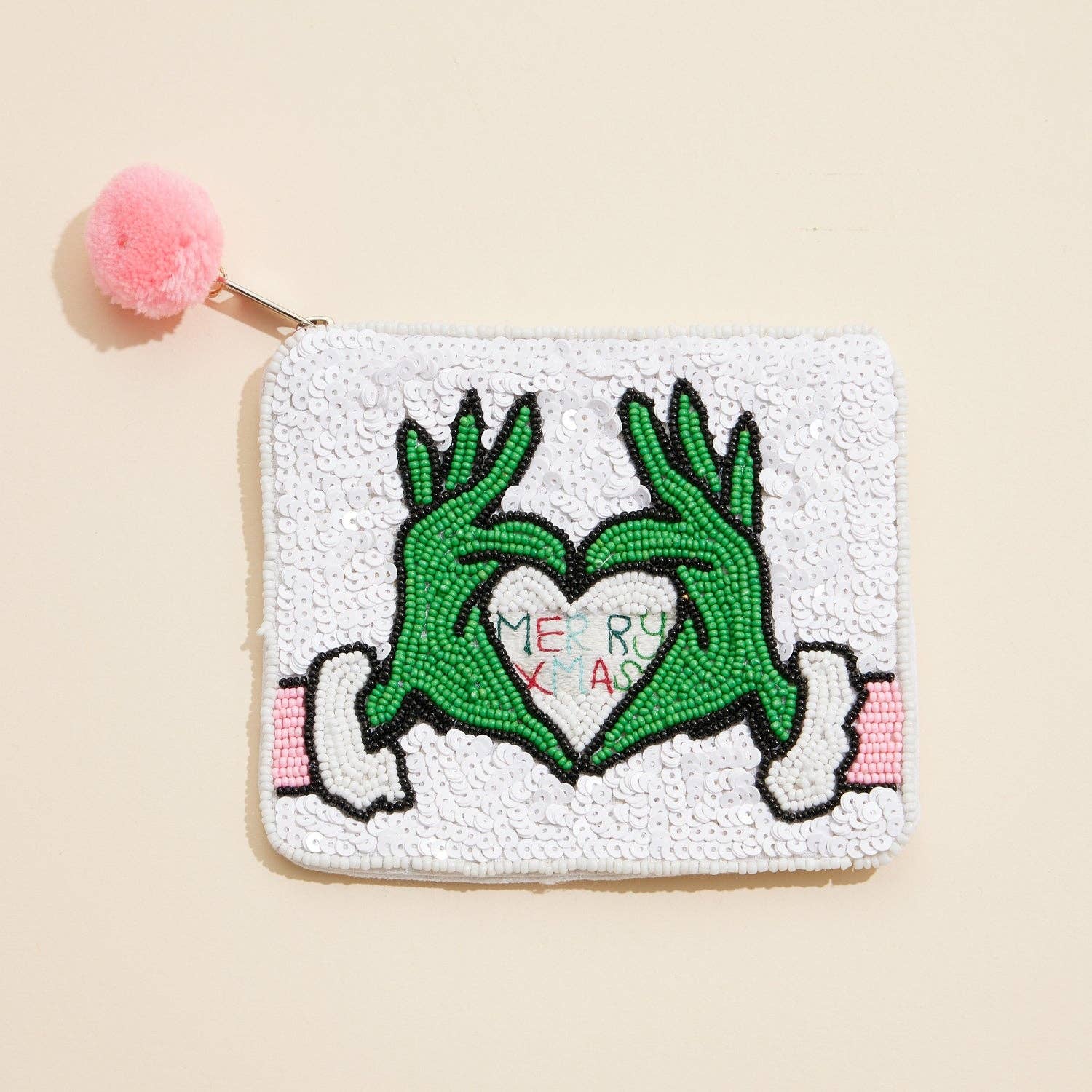 Seed Beaded Green Monster Heart Coin Pouch | Merry Christmas Zip Pouch
