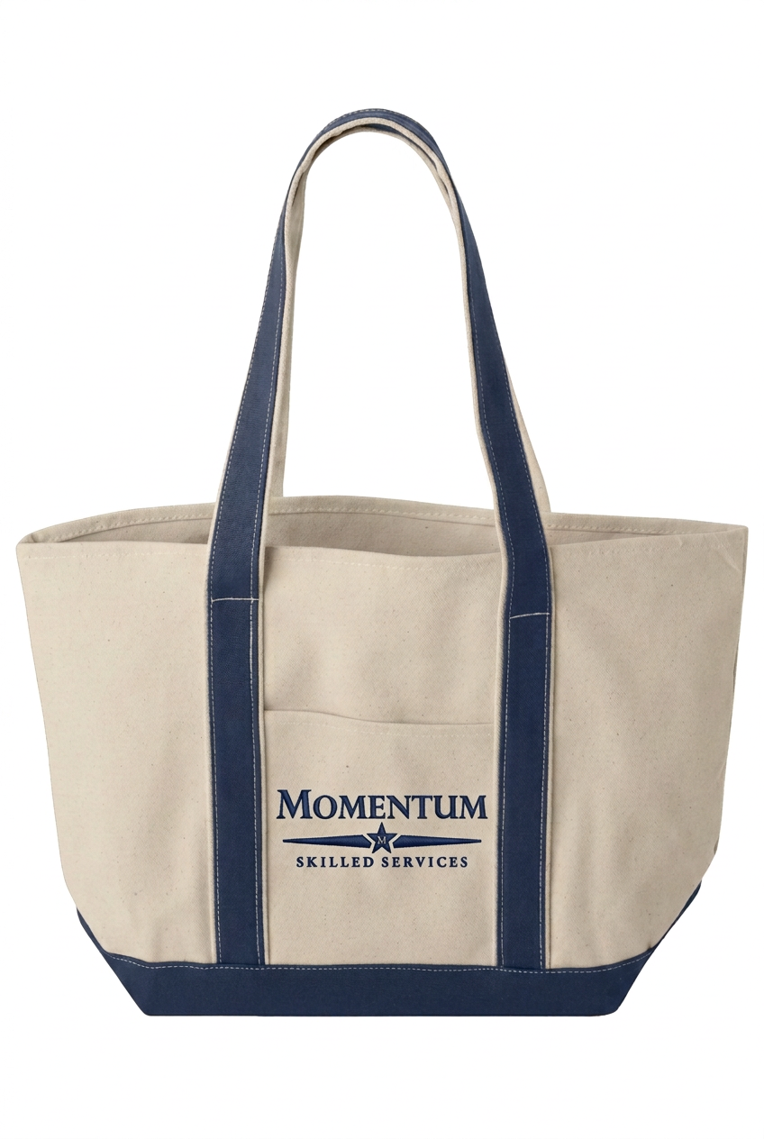 Navy-strap tote with smaller Momentum embroidery