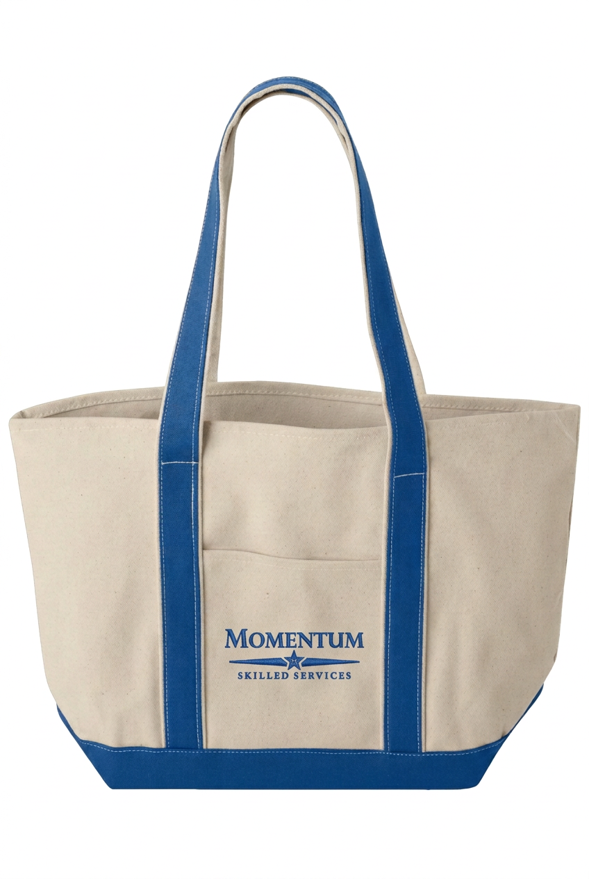 Royal-blue-strap tote with smaller Momentum embroidery