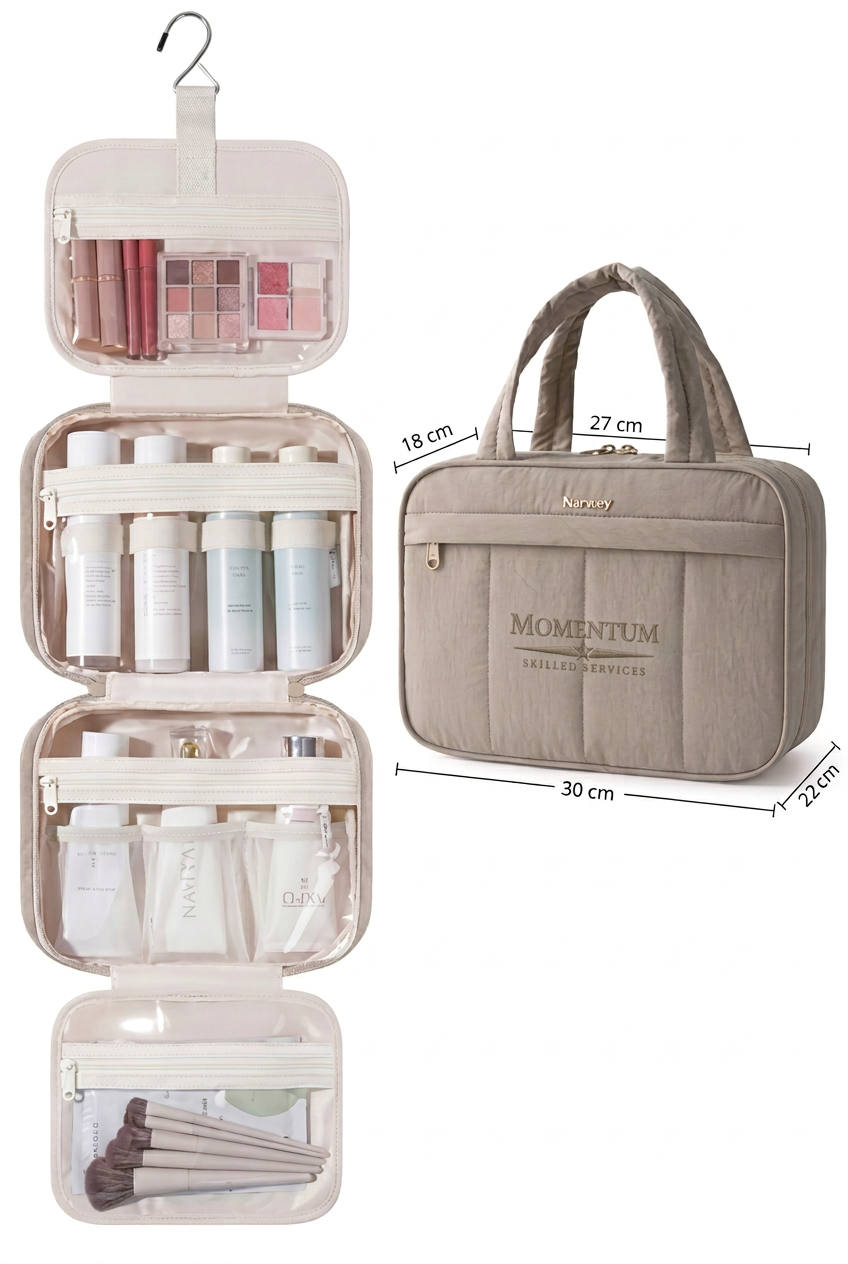Travel bag capacity image with smaller Momentum embroidery